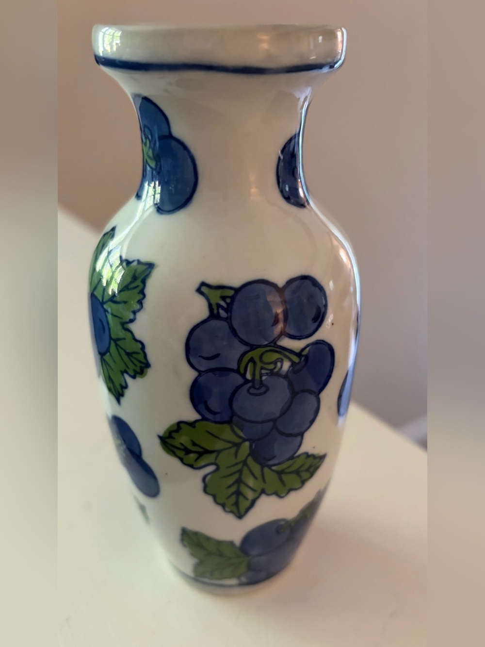 Hermitage Pottery Porcelain Bud Vase Grapes Pattern 6” Tall Blue White 1998